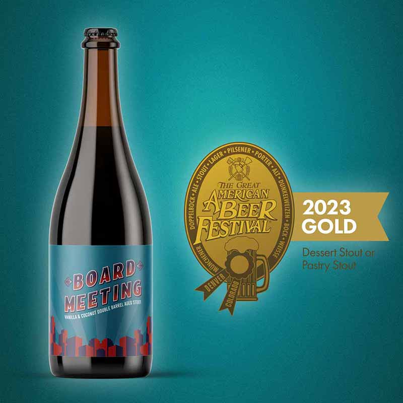 A photo showcasing the awards won by Board Meeting, a pastry stout craft beer from Corporate Ladder Brewing Company