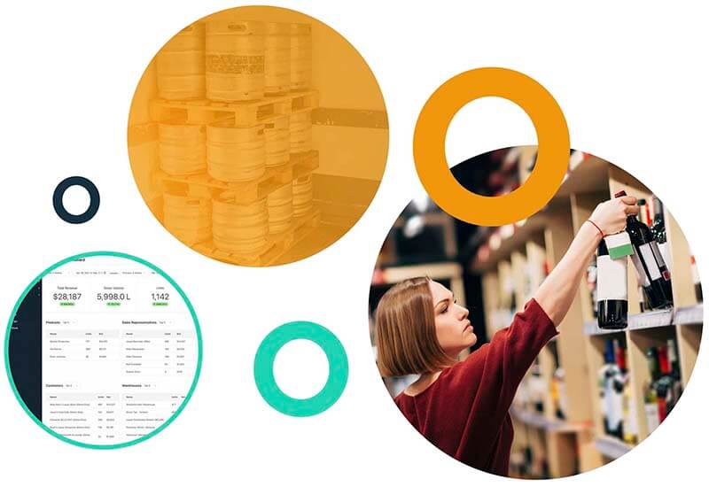 Collection of images showing a woman pulling a bottle off of a shelf, kegs of beer stacked on a pallet, and the Ollie software dashboard - all on Ollie branding
