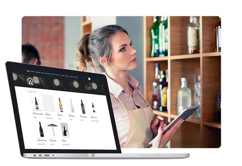 Composite image of a laptop showing an ecommerce screen with a female bartender using a tablet to inventory bottles