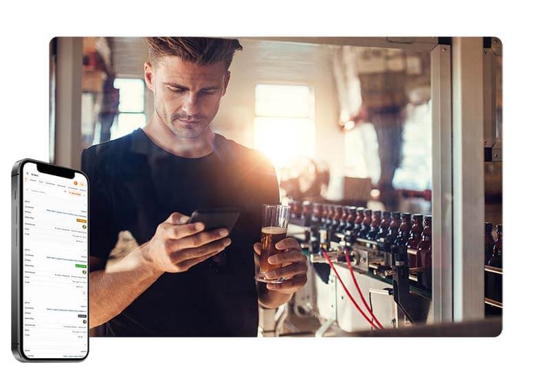 Composite image of a brewer holding a beer in glass while looking at his phone with an image of the Ollie dashboard