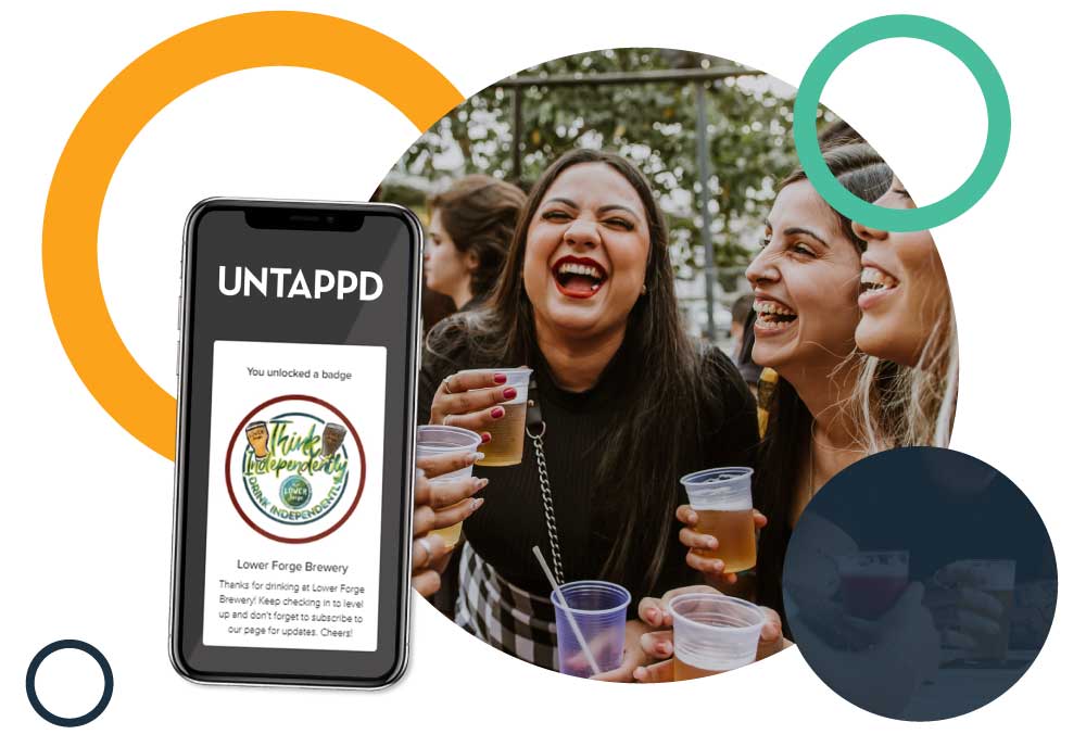 Image of women enjoying beer at an outside venue with a phone showing a screenshot of an Untapp local badge - on Ollie branding
