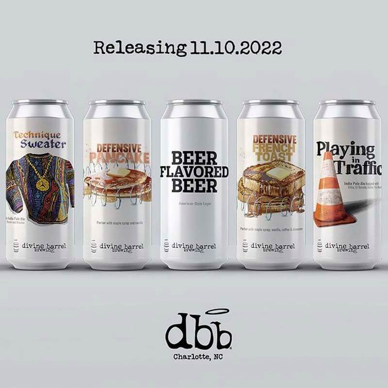The 2022 craft beer lineup from Divine Barrel Brewing featuing smaller, more cost-effectve beer can label designs