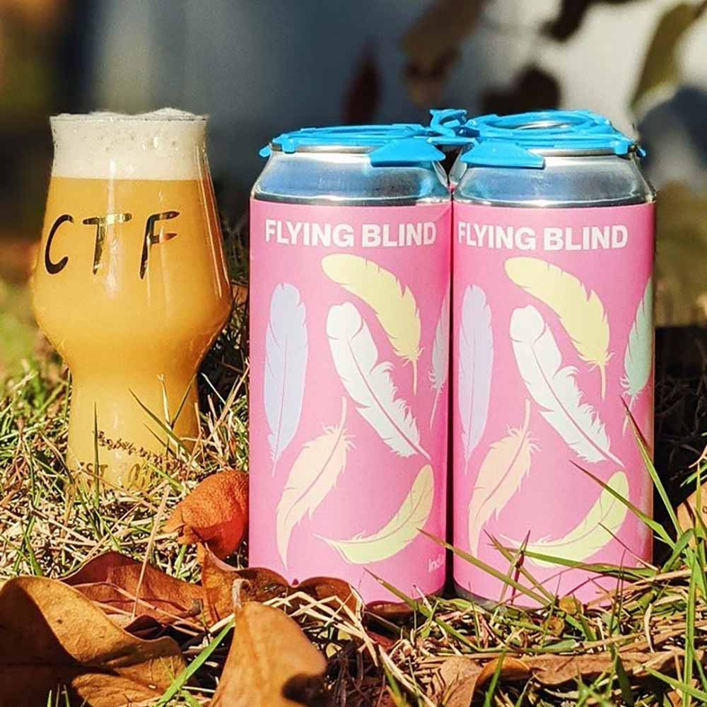 A four pack of Flying Blind, from Charles Towne Fermentory and Resident Culture Brewing Company in a fall themed outdoor setting