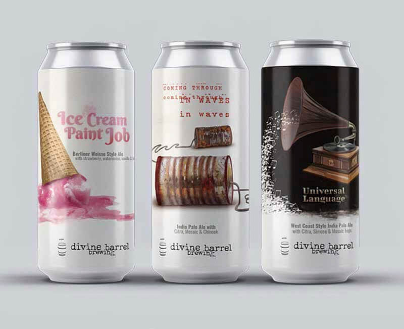 A variety of craft beer cans featuing creative beer can labels from Divine Barrel Brewing
