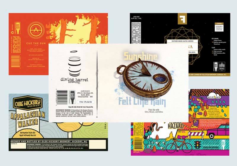 A collage of craft beer can label designs - primary design is Sunshine, Felt Like Rain from Divine Barrel Brewing