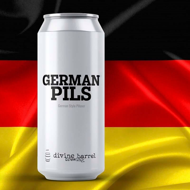 Promotional photo highlight beer can label design of German Pils from Divine Barrel Brewing
