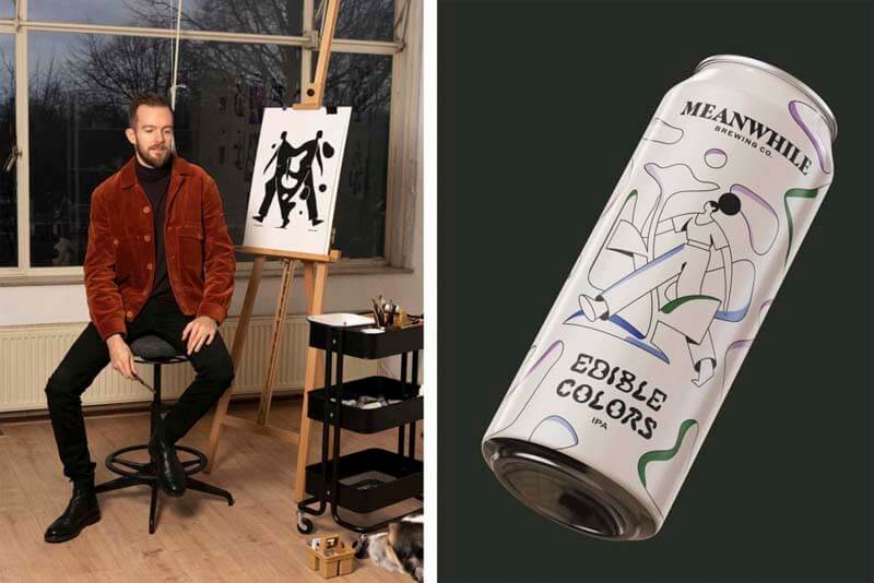 A sibe-by-side photo featuring artist Timo Kuilder and an Edible Colors beer can label from Meanwhile Brewing