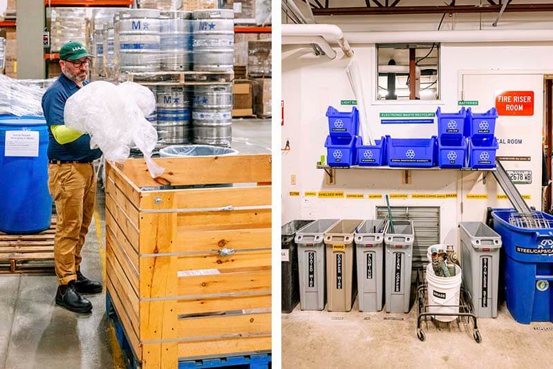 LEFT: Sorting materials as part of Allagash’s Recycling Co-Op. RIGHT: Allagash’s Green Team recycling bins and sidestream recycling items. Photo courtesy of Allagash Brewing Company