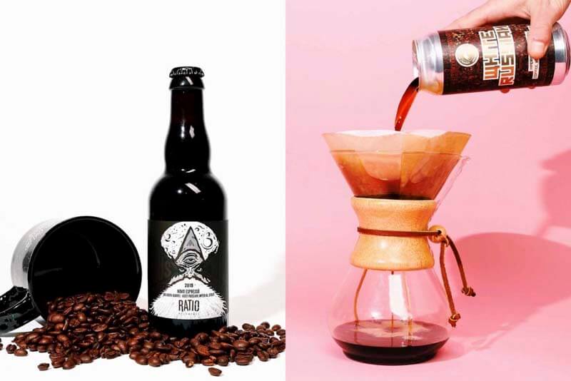 Side by side photo of a bottle of dark coffee beer sitting among a pile of coffee beans and a black mug. Other side is a can of coffee beer poured over a pour over coffee maker.