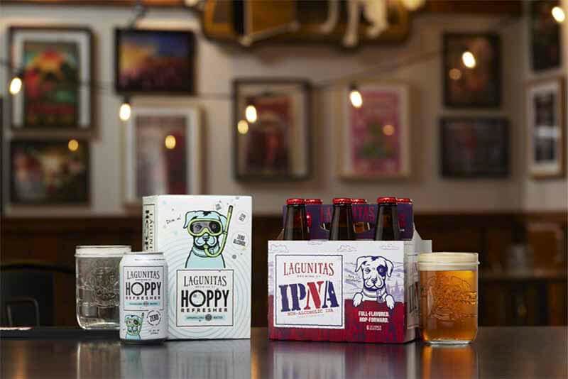 Lagunitas Brewing Company Hoppy hop water and IPNA non-alcoholic beer promotional photo in a bar setting