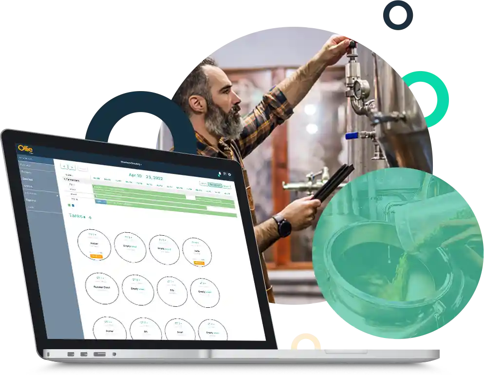 An image collage showing Ollie Ops brewery management software on a laptop, craft beer ingredients, and a brewer inspecting tanks