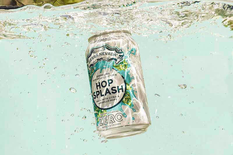 A promotional photo of a can of Hop Splash hop water from Sierra Nevada