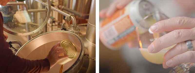 A side-by-side photo of (left) a craft brewer pouring Salvo dry hopping product into tank and (right) a person pouring a craft beer can into a glass