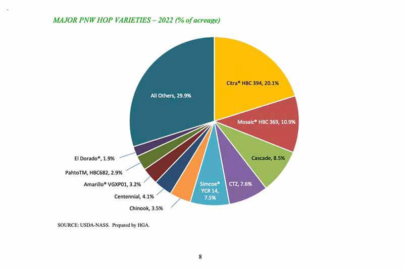 Pie chart showing major hop variety popularity