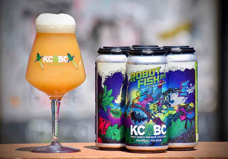 A promotional photo for Robot Fish IPA, a SMaSH craft beer from KCBC - photo features a 4 pack and a branded glass