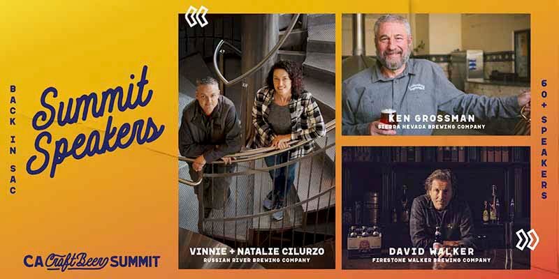 Promotional photo and graphic for the CA Craft Beer Summit featuring summit speakers