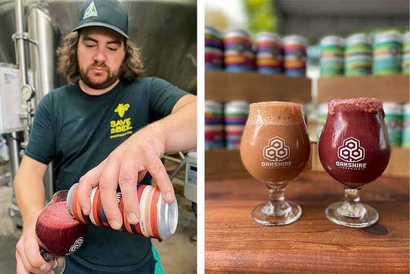 A side-by-side photo of (left) a brewer at Oakshire Brewing pouring a smoothie beer into a glass and (right) two smoothie beers in glasses on a bar