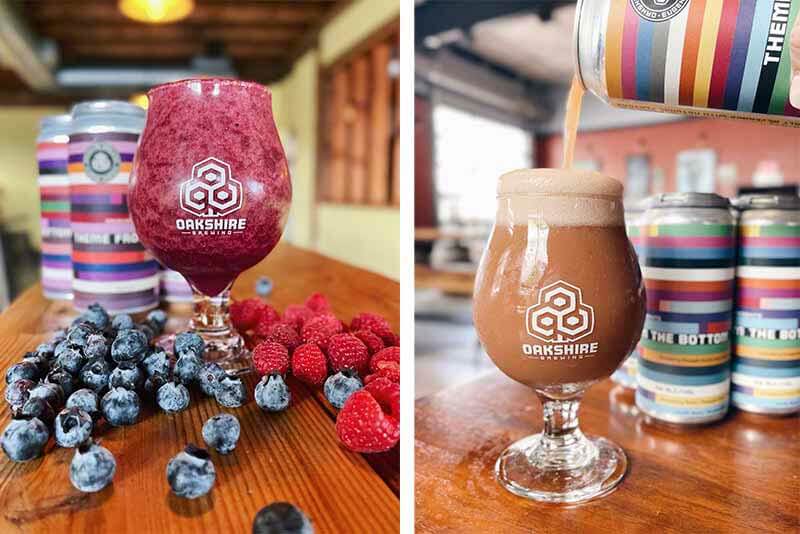 A side-by-side photo of (left) a fruited sour smoothie beer featuring blueberries and raspberries and (right) a chocolate based variety