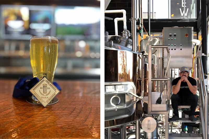 Side by side photo of an award-winning Mexican-Style lager from Flix Brewhouse on the left and inside of the Flix Brewhouse on the right