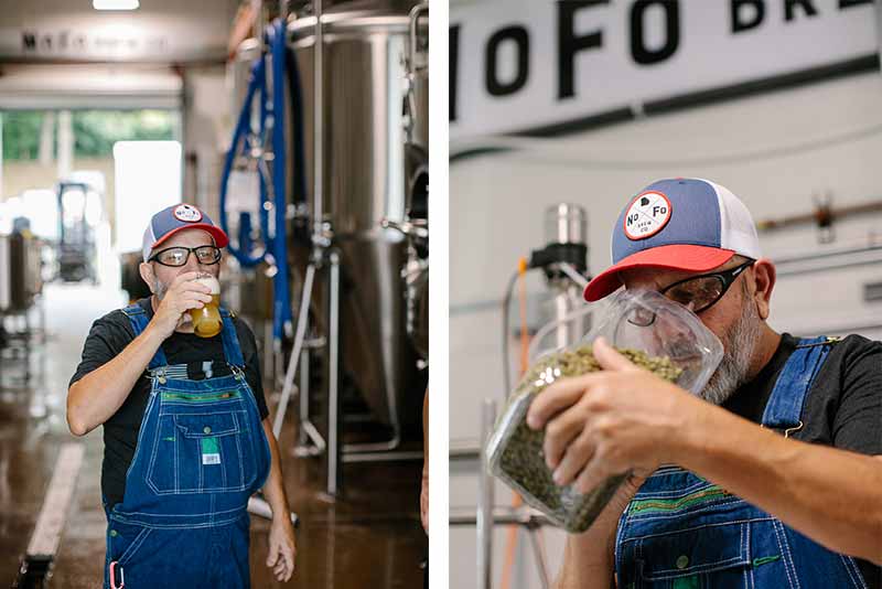 A side by side photo of a brewer testing and brewing a Mexican-Style lager at NoFo Brew Co.