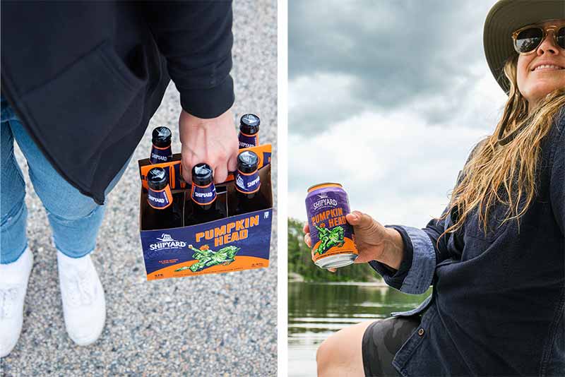 A promotional photo of a young woman holding a six pack and enjoying a Pumpkin Head pumpkin flavored beer from Shipyard Brewing Company