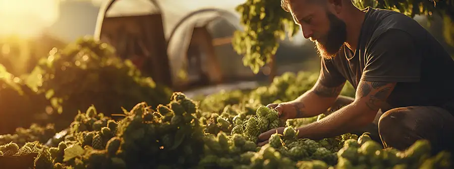 An image of a farmer harvesting hops