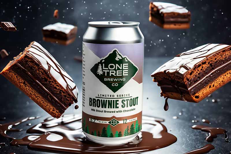 A promotinoal photo of Brownie Stout, a pastry stout from Lone Tree Brewing Co