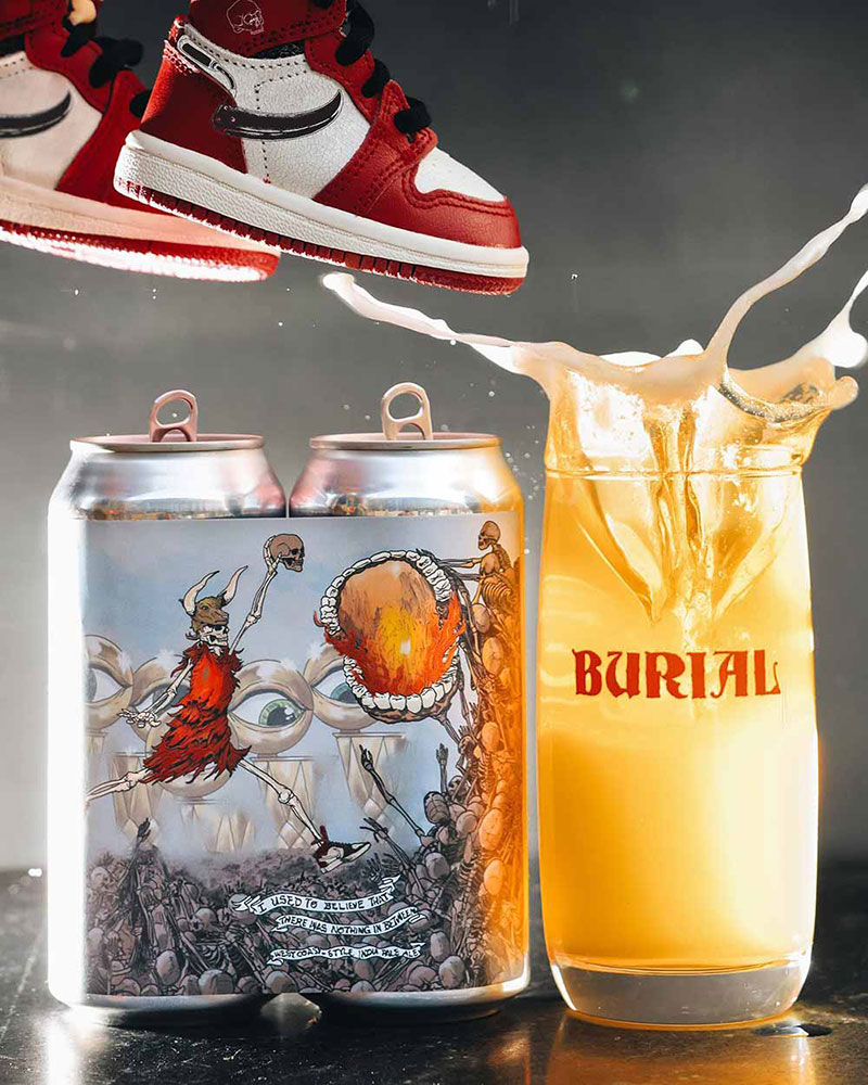 A promotional photo for a craft collab between Burial Beer Co and Other Half Brewing