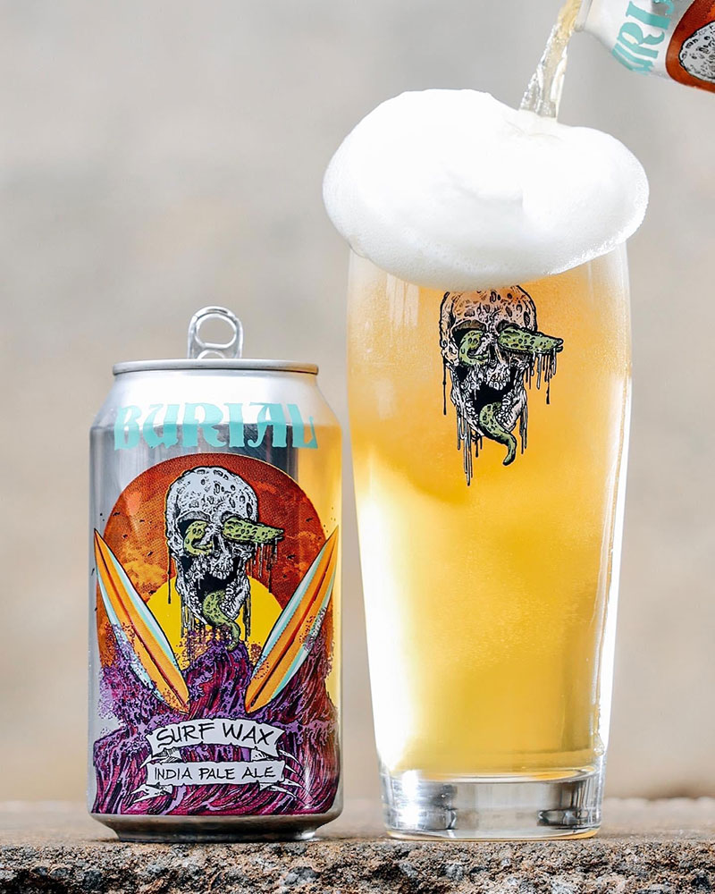 A promotional photo for "Surf Wax" an IPA craft beer from Burial Beer Co.