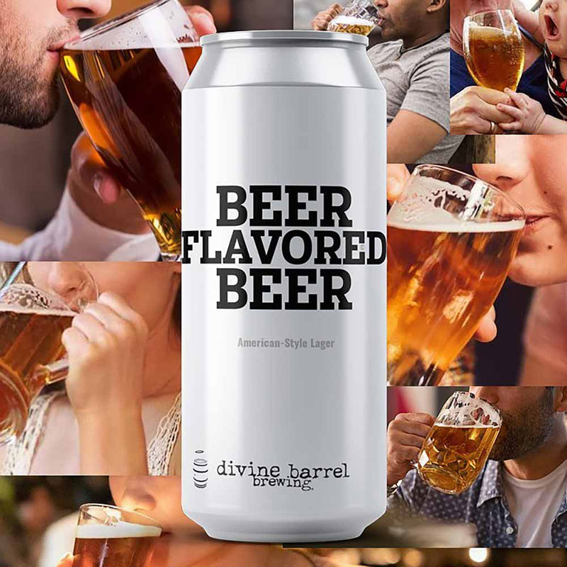 A promotional photo for "Beer Flavored Beer" an American style lager craft beer from Divine Barrel Brewing