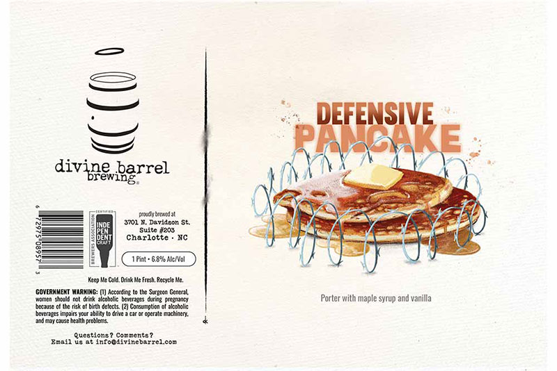 Craft beer label for "Defensive Pancake" from Divine Barrel Brewing
