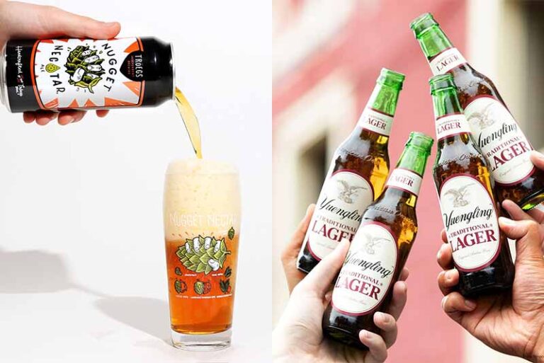 Side by side photo of a can of Troegs Independent Brewing Nugget Nectar and Yuengling Lager