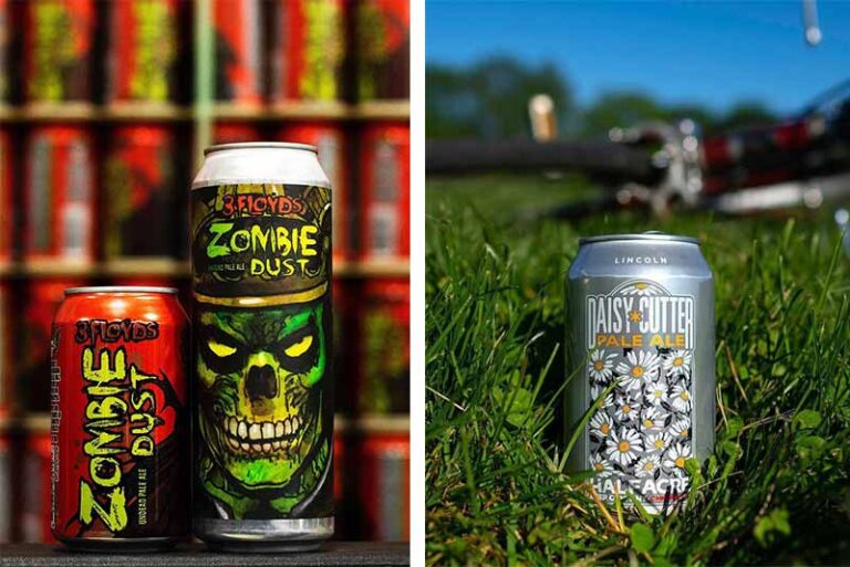A side by side photo of 3 Floyds Zombie Dust IP and Daisy Cutter Pale Ale from Half Acre