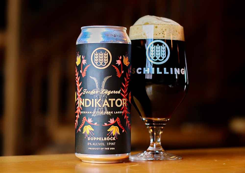 A promotional photo of Indikator, a Doppelbock beer from Schilling Beer Co.