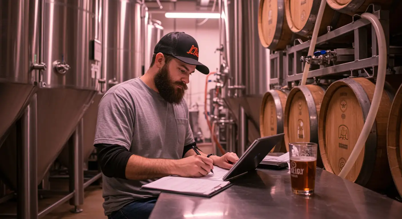 A brewer writing notes on the production floor