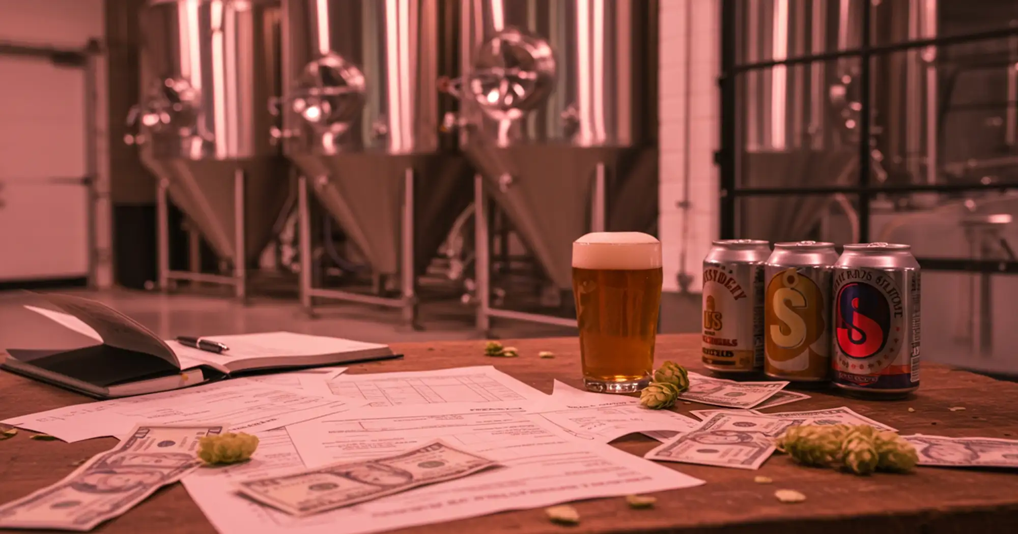 A craft brewery production floor with desk in foreground showing money, ledger, and more