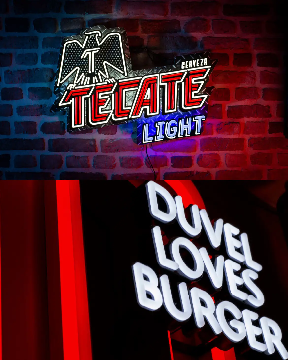 Two examples of brand illumination signage by Dekkers: Tecate Light and Duvel