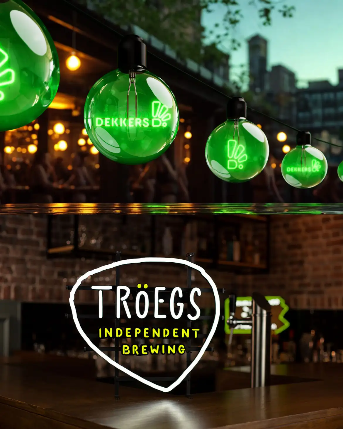 Two examples of brand illumination signage by Dekkers included branded LED bulbs and a sign for Troegs