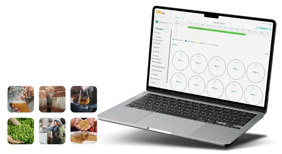 Ollie dashboard on laptop with a variety of brewery, distillery, and craft beverage production images